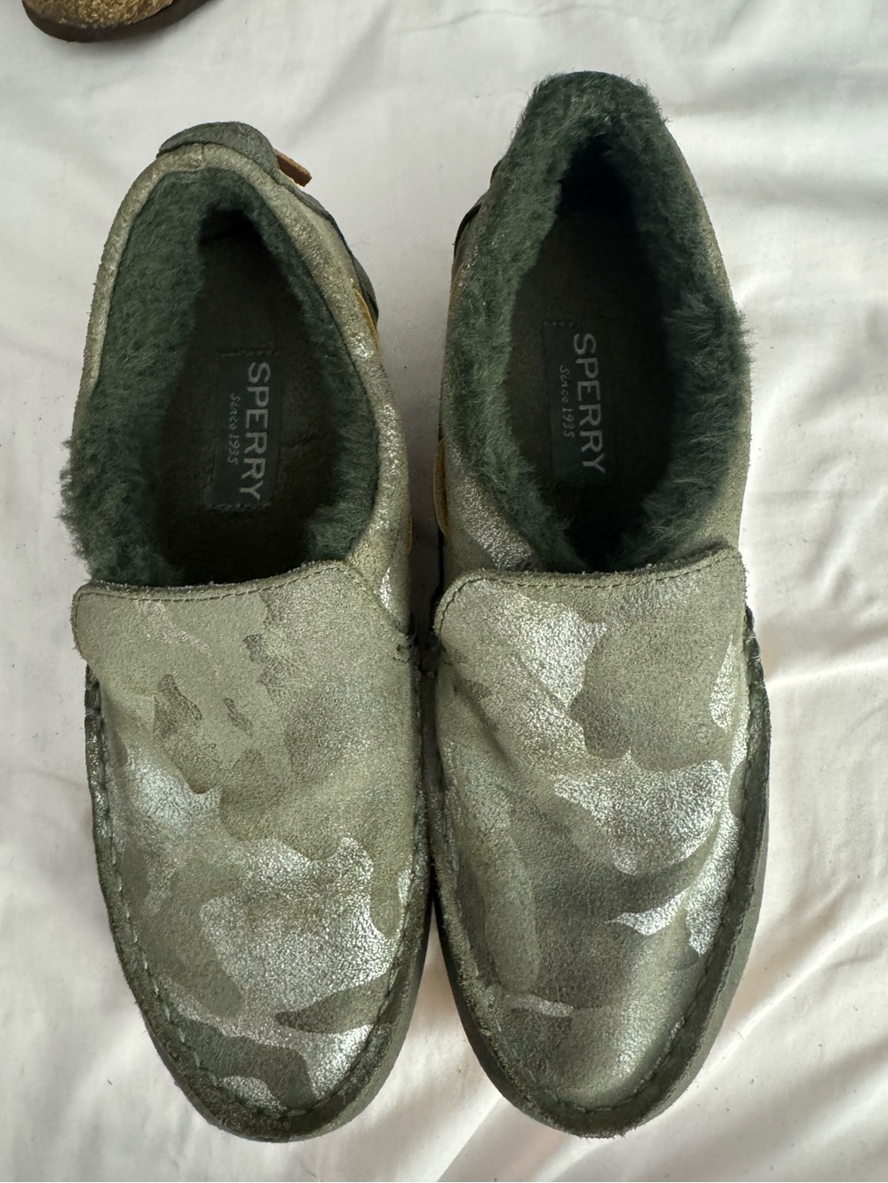 Sperry Green Camo Faux-Fur Lined Slip-On Moccasins